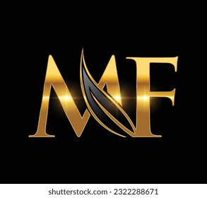 A vector illustration of Golden Leaf Monogram Initial Letters MF Logo  in black background with gold shine effect