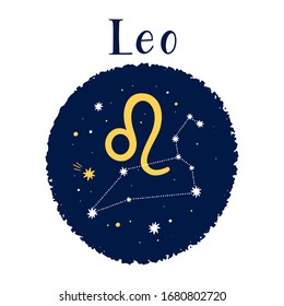 Vector illustration of golden Leo zodiac sign and constellation in a circle isolated on a white background. 