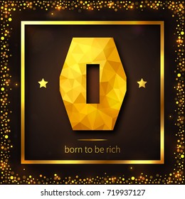 Vector illustration: golden letter O with shiny triangle texture isolated on dark brown background with gold gradient frame and sparkle confetti border.