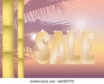 vector illustration of Golden letters the inscription sale at sunset on the beach. silhouette of a palm tree. the trunk of bamboo