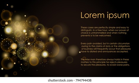Vector illustration golden light effects on black background. Lights abstract, golden soft bokeh concept with place for text.