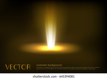 Vector illustration of a golden light ray, a light beam, a glow effect, an explosion, a flash on a black background. Advertising poster template for promotion of cosmetic products