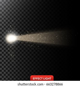 Vector illustration of a golden light ray with glitter, a light beam with sparks, a glow effect, an explosion, a flash on a black background. Design element