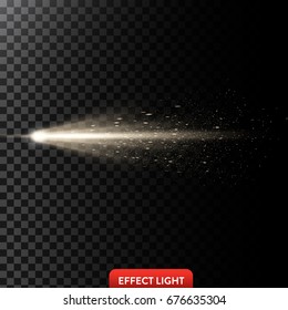 Vector illustration of a golden light ray with glitter, a light beam with sparks, a glow effect, an explosion, a flash on a black background. Design element