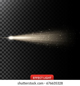 Vector illustration of a golden light ray with glitter, a light beam with sparks, a glow effect, an explosion, a flash on a black background. Design element