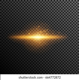 Vector illustration of golden light. Shining particles, bokeh, sparks, glare with a highlight effect on a dark background transparent