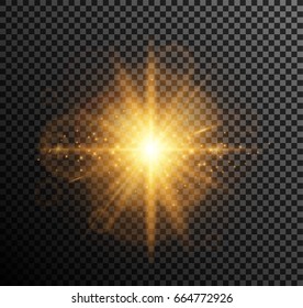 Vector illustration of golden light. Shining particles, bokeh, sparks, glare with a highlight effect on a dark background transparent