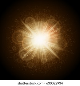 Vector illustration of golden lights christmas holiday concept. Shining particles, bokeh, sparks, glare with a highlight effect on a dark background
