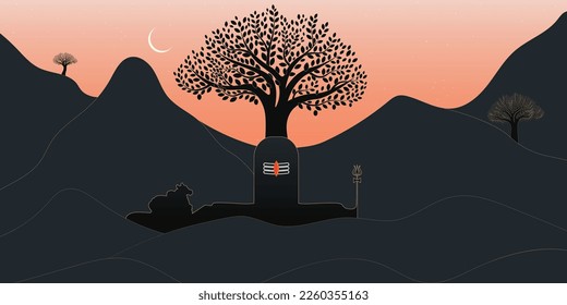 Vector illustration of golden line art lingam, trishul and nandi with vilvam tree silhouette background. pooja room decor, Greeting card, banner for Hindu festival Maha Shivratri backdrop.