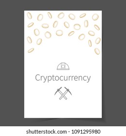 Vector illustration: golden linear flying coin icons in different positions in upper part of the list and pick tool and miner helmet isolated on mock up with white paper list and black background. 