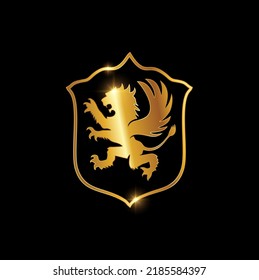 A vector illustration of Golden Lion winged Logo sign in black background with gold shine effect