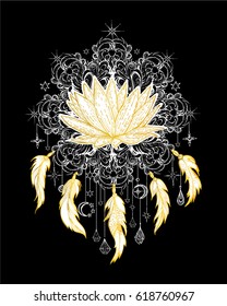 Vector illustration Golden lotus on the background mandala with pendants, sacred amulet, colorful tattoo, isolated. Psychedelic art for print, posters, t-shirts and textiles. Boho style, yoga, fashion
