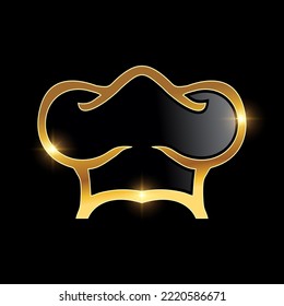 A vector Illustration of Golden Luxury Chef Hat Vector Icon in black background with gold shine effect