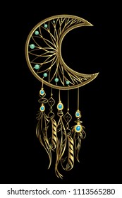 Vector illustration with golden luxury dream catcher with feathers and jewels on a black background. Ornate ethnic items, feathers, beads