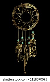 Vector illustration with golden luxury dream catcher with feathers and jewels on a black background. Ornate ethnic items, feathers, beads