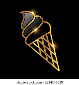 A vector Illustration of Golden Luxury Ice Cream Icon in black background with gold shine effect