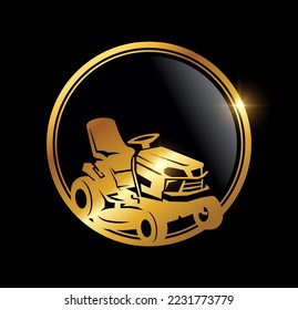 A vector Illustration of Golden Luxury Lawn Mower Logo Icon in black background with gold shine effect