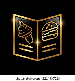 A vector illustration of Golden Luxury Menu Book Vector Icon in black background with gold shine effect