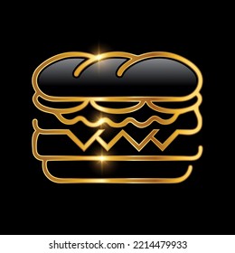 A Vector illustration of Golden Luxury Sandwich Vector Icon Logo Sign in black background with gold shine effect