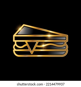 A Vector illustration of Golden Luxury Sandwich Vector Icon Logo Sign in black background with gold shine effect