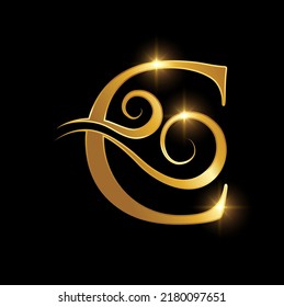 A vector illustration of Golden Luxury Swoosh Initial Letter C Logo in black background with gold shine effect