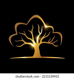 Ilustración vectorial del icono del árbol de lujo dorado en fondo negro con efecto de brillo dorado