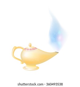 Vector illustration of golden magic lamp isolated on white. With magical glowing smoke
