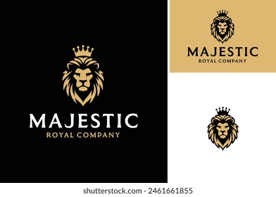 Vector illustration of Golden Majestic Lion Face Head Silhouette with King Crown for Royal Luxury Brand logo design