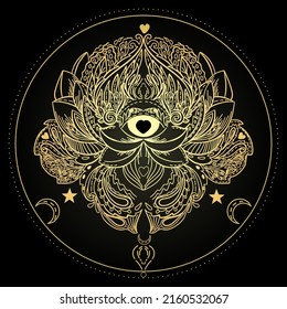 Vector illustration of golden mandala, isolated. Light, peace and spirit concept. Buddhism lotus symbol. Tattoo, spiritual yoga.