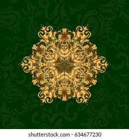 Vector illustration. Golden mandala on green background. Mandala style. Rich ethnic striped seamless pattern geometric design.