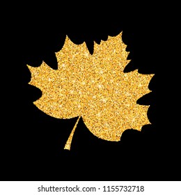 Vector illustration of golden maple leave on dark background.