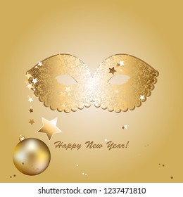 Vector illustration of Golden mask New Year's toys and sweets on a gold background. Gold stars.