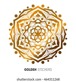 Vector illustration of golden mehendi mandala pattern stickers, flash temporary tattoo.
