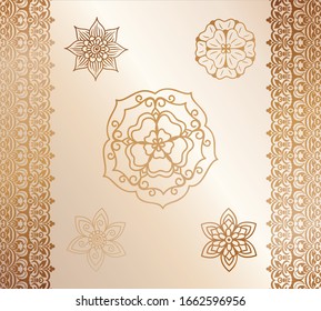 Vector illustration of a Golden mehndi pattern, a set of floral and animal elements based on traditional Asian ornaments. Paisley Mehndi Tattoo collection Doodles