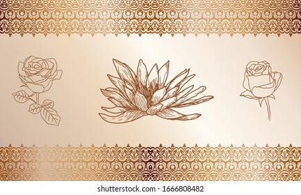 Vector illustration of a Golden mehndi pattern, rose, lily, a set of floral elements based on traditional Asian ornaments and the outline of flowers. Paisley mehndi tattoo doodles collection