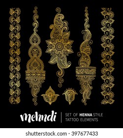Vector illustration of golden mehndi pattern. Traditional indian style, ornamental floral elements with henna tattoo, golden stickers, flash temporary tattoo, mehndi and yoga design, cards and prints