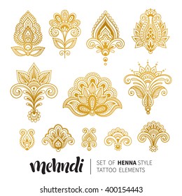 Vector illustration of golden mehndi pattern. Traditional indian style, ornamental floral elements for henna tattoo, golden stickers, flash temporary tattoo, mehndi and yoga design, cards and prints