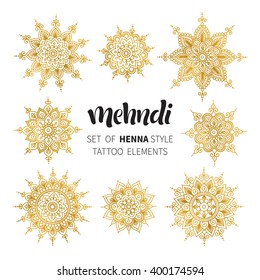 Vector illustration of golden mehndi pattern. Traditional indian style, ornamental floral elements for henna tattoo, golden stickers, flash temporary tattoo, mehndi and yoga design, cards and prints