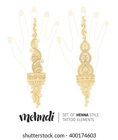 Vector illustration of golden mehndi pattern. Traditional indian style, ornamental floral elements for henna tattoo, golden stickers, flash temporary tattoo, mehndi and yoga design, cards and prints