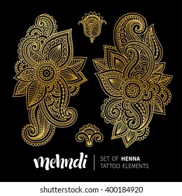 Vector illustration of golden mehndi pattern. Traditional indian style, ornamental floral elements for henna tattoo, golden stickers, flash temporary tattoo, mehndi and yoga design, cards and prints