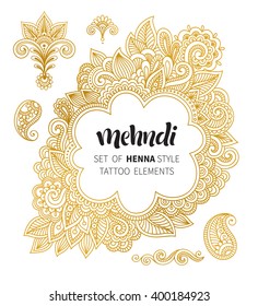 Vector illustration of golden mehndi pattern. Traditional indian style, ornamental floral elements for henna tattoo, golden stickers, flash temporary tattoo, mehndi and yoga design, cards and prints