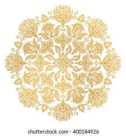 Vector illustration of golden mehndi pattern. Traditional indian style, ornamental floral elements for henna tattoo, golden stickers, mehndi and yoga design, cards and prints