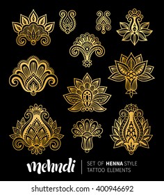 Vector illustration of golden mehndi pattern. Traditional indian style, ornamental floral elements for henna tattoo, golden stickers, flash temporary tattoo, mehndi and yoga design, cards and prints