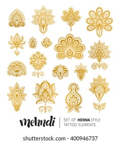 Vector illustration of golden mehndi pattern. Traditional indian style, ornamental floral elements for henna tattoo, golden stickers, flash temporary tattoo, mehndi and yoga design, cards and prints