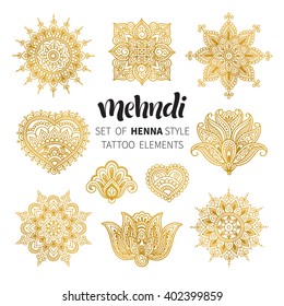 Vector illustration of golden mehndi pattern. Traditional indian style, ornamental floral elements for henna tattoo, golden stickers, flash temporary tattoo, mehndi and yoga design, cards and prints