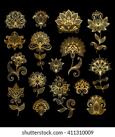 Vector illustration of golden mehndi pattern. Traditional indian style, ornamental floral elements for henna tattoo, golden stickers, flash temporary tattoo, mehndi and yoga design, cards and prints