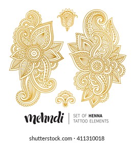 Vector illustration of golden mehndi pattern. Traditional indian style, ornamental floral elements for henna tattoo, golden stickers, mehndi and yoga design, cards and prints