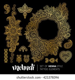 Vector illustration of golden mehndi pattern frame. Traditional indian style, ornamental floral elements for henna tattoo, gold stickers, flash temporary tattoo, mehndi, yoga design, cards and prints