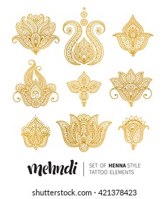 Vector illustration of golden mehndi pattern. Traditional indian style, ornamental floral elements for henna tattoo, golden stickers, flash temporary tattoo, mehndi and yoga design, cards and prints