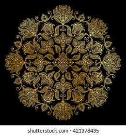 Vector illustration of golden mehndi pattern. Traditional indian style, ornamental floral elements for henna tattoo, golden stickers, mehndi and yoga design, cards and prints